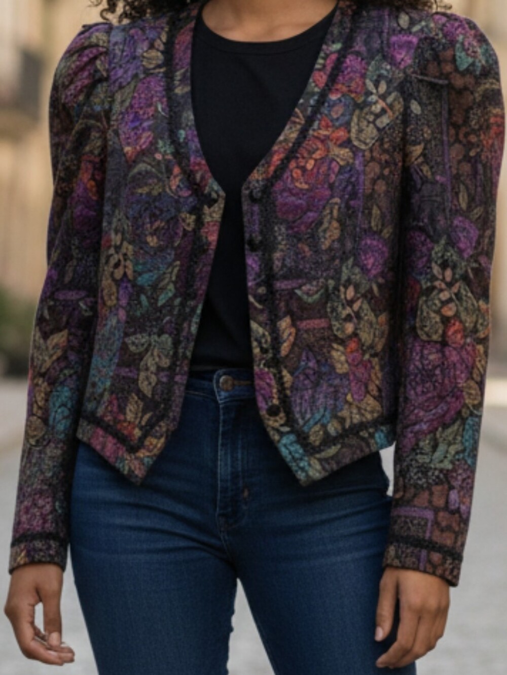 Cachet by Bari Protas Vintage Floral Cropped Blazer Puff Shoulder 9/10